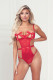 Mesh Teddy With Underwire, Satin Ribbon Bows, Rhinestone Belt, Hook and Eye Back Closure, and Open Thong - One Size - Red Image