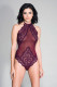 High Neck Scalloped Trim Lace Teddy With Sheer  Back - One Size - Burgundy Image