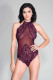 High Neck Scalloped Trim Lace Teddy With Sheer  Back - One Size - Burgundy Image