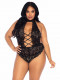 Floral Lace Crotchless Teddy - 1x/2x - Black Image