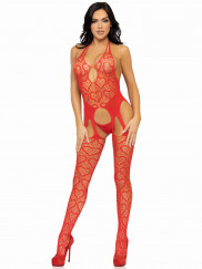 Seamless Heart Net Suspender Bodystocking - One Size - Red