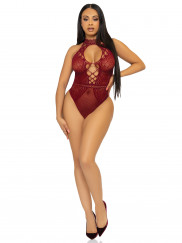 Net and Lace Keyhole Halter Bodysuit - One Size - Burgundy