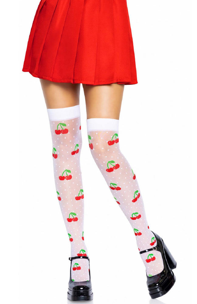 LA6638WHRDOS Sheer Polka Dot Cherry Thigh Highs One Size White/red