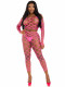 2 Pc Net Crop Top and Footless Tights - One Size - Neon Pink Image