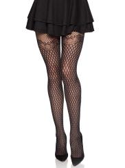 Gilded Grid Net Tights With Bow Lace Top - Os - Black