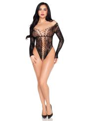 Net and Lace Crotchless Teddy - Os - Black
