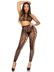 2 Pc Leopard Net Crop Top and Crotchless Footless Tights With Faux Lace-Up Detail - Os - Black