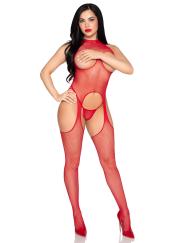 2 Pc Circle Net Cupless Suspender Lingerie Jumpsuit and Matching Panty - Os - Red